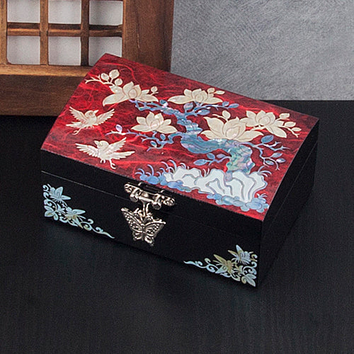 Hanji Base Jewelry Box (Magnolia, 쌍Crane Motif) - Red, Black, Blue, Purple