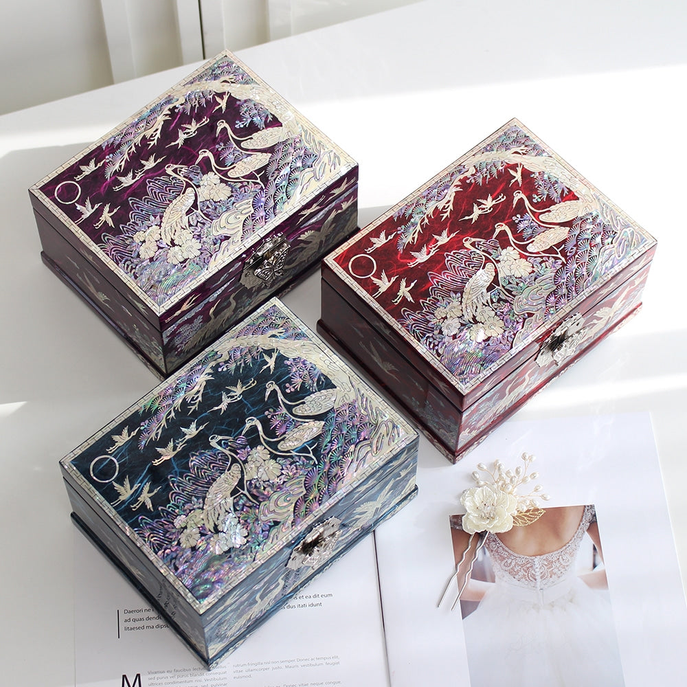Najeonchilgi Pine & Crane Hanji Mother of Pearl Jewelry Box, 18 cm