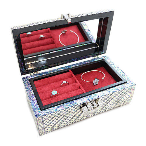 Open Seven Treasures jewelry box with mirror and red tray; display jewelry not included