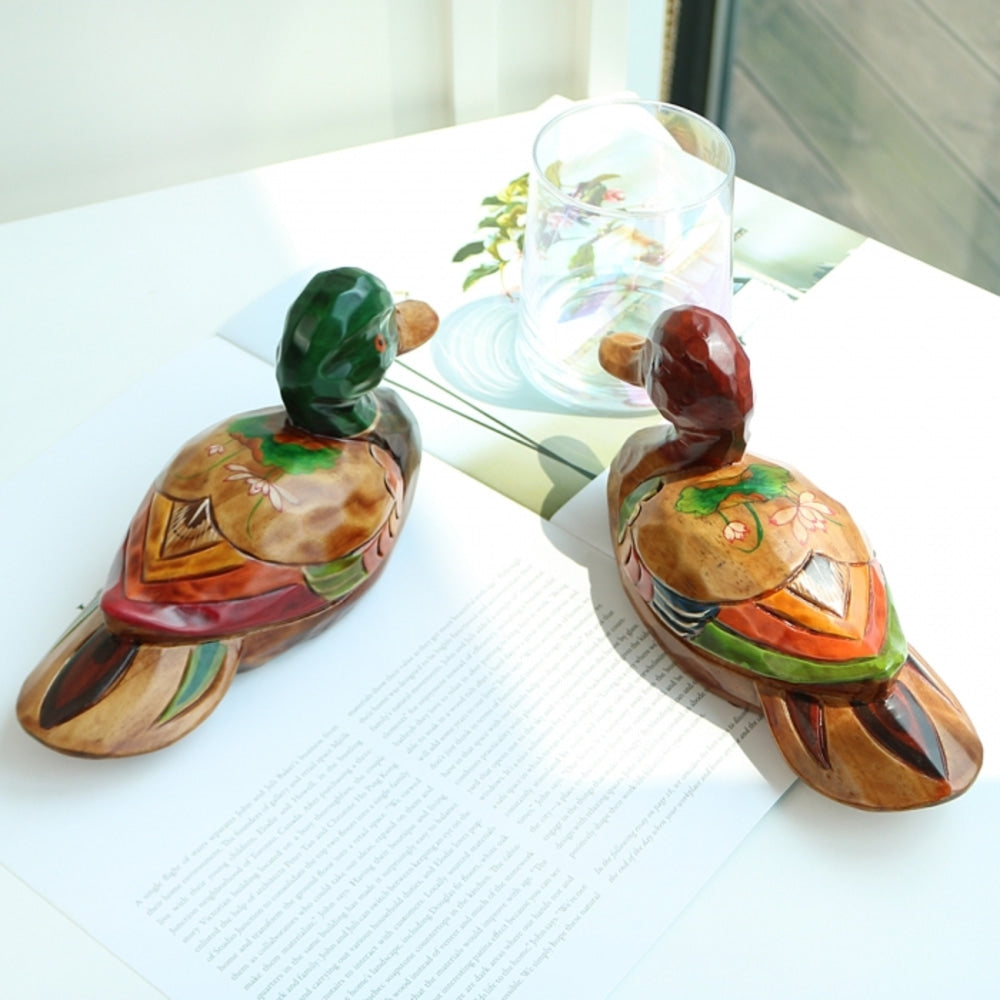 Premium Lotus Mandarin Duck Set (Medium) Wood Carved Box Dragon