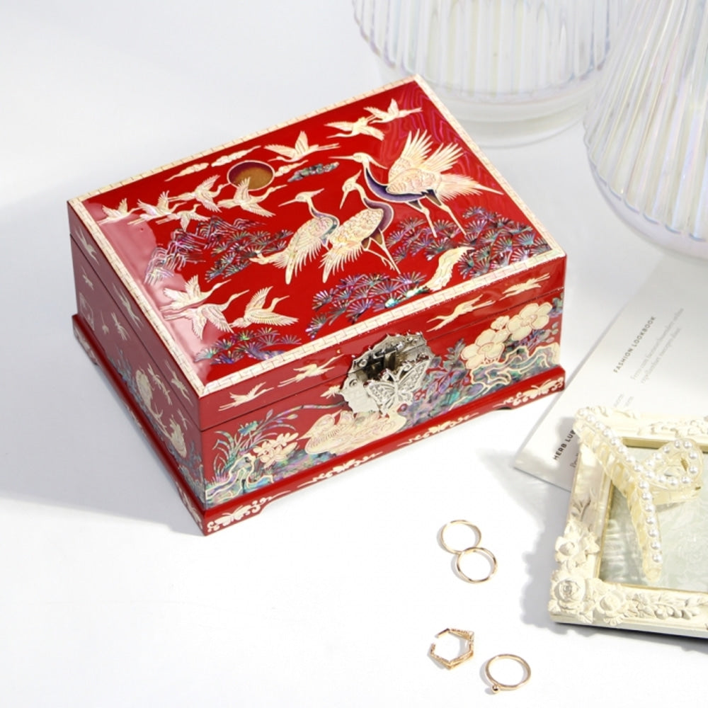 Najeonchilgi Longevity Pine & Crane 2-Tier Mother of Pearl Jewelry Box, 18 cm (Master Artisan Kim Young-man)