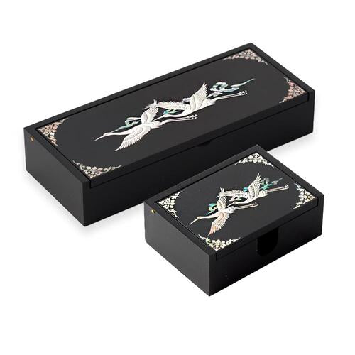 Inlaid Auto-Slide Business Card & Pen Holder Set — Double Cranes, Cloud Cranes & Arabesque Patterns - OF0236