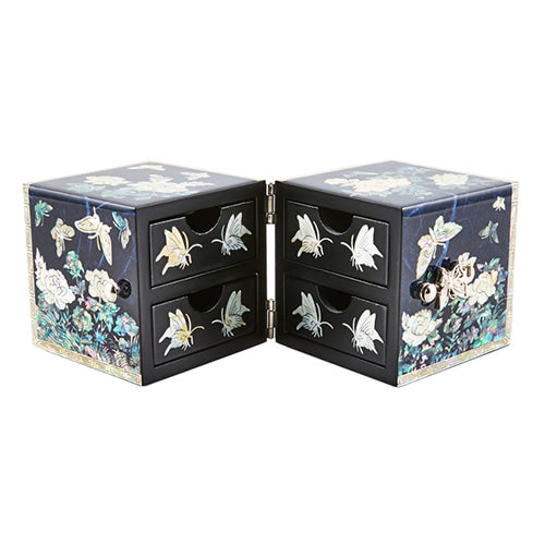 Peony Cloud Pattern Border Hanji Double Lidded Mother of Pearl Jewelry Box (Small, Glossy, Blue)