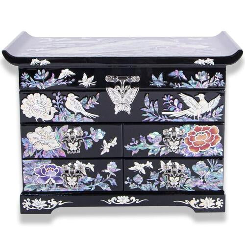 Peacock Line비 5-Tier Drawer Mother of Pearl Jewelry Box中 (Glossy, Black)