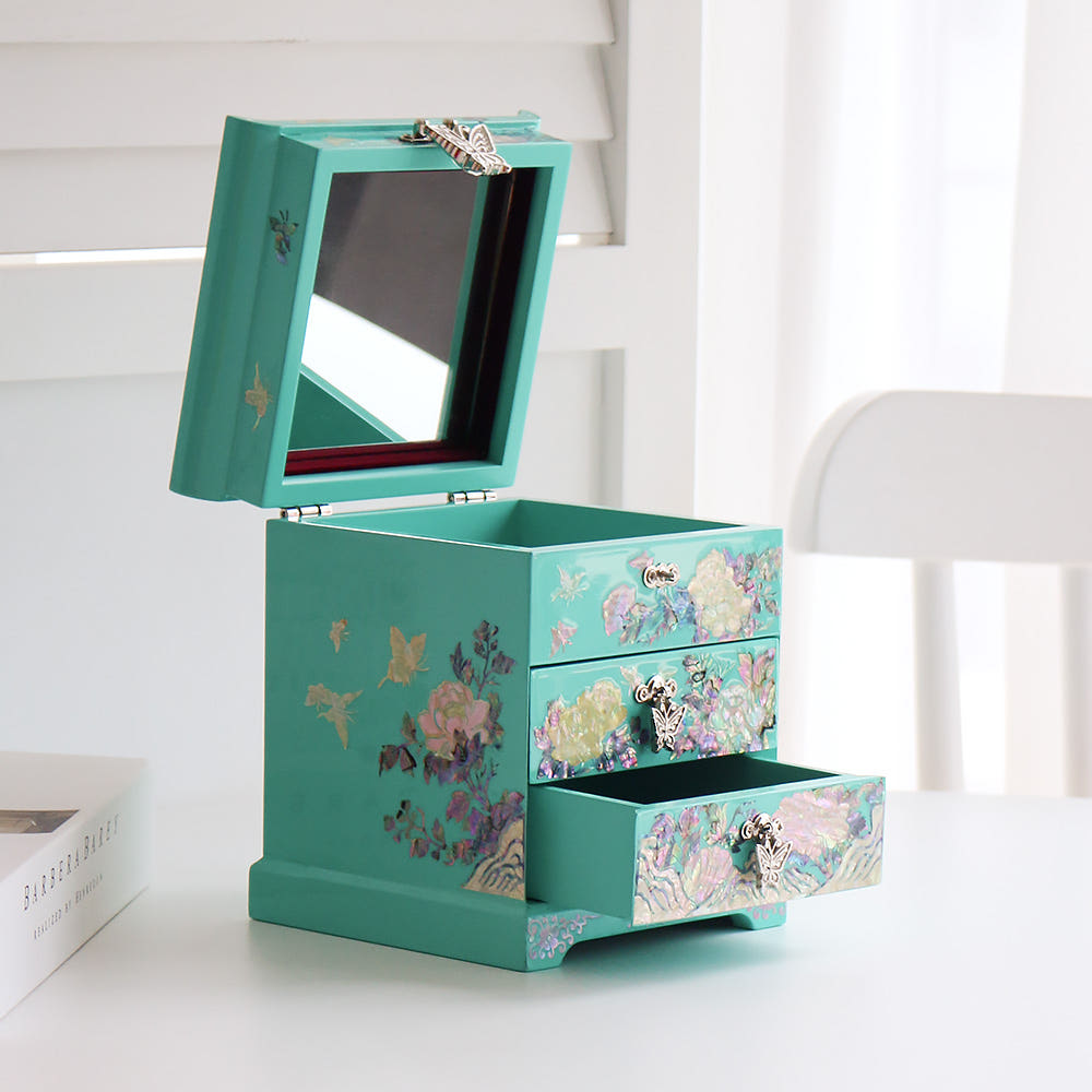 Vivid Peony 2-Tier Drawer Mother of Pearl Jewelry Box Najeonchilgi Jewelry Box Najeon Vanity Mirror Jewelry Box Storage