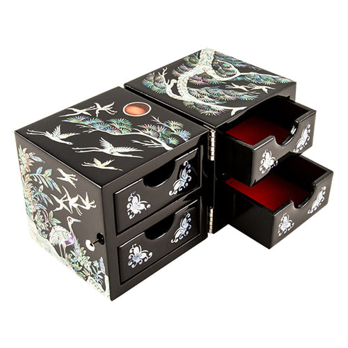 Mother of Pearl Jewelry Box (Double Lidded, Crane & PineB, Medium)