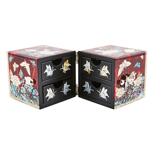 Peony Cloud Pattern Border Hanji Double Lidded Mother of Pearl Jewelry Box (Small, Glossy, Red)