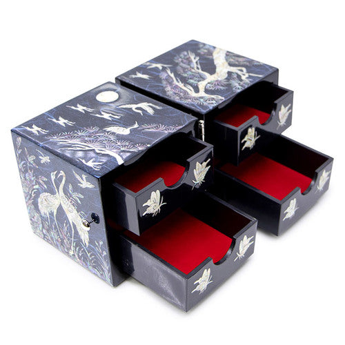 Crane & Pine Hanji Double Lidded Mother of Pearl Jewelry Box (Medium, Glossy, Blue)