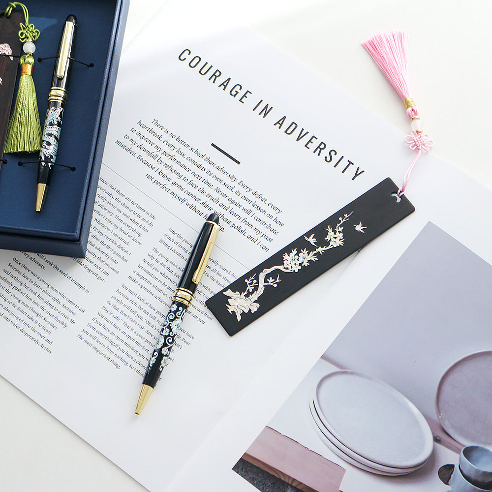Wood Bookmark Mother of Pearl Pen 2 Bell Set