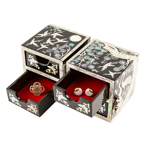 Crane & Pine Cloud Pattern Border Double Lidded Mother of Pearl Jewelry Box (Small, Glossy, Oh Myung - Ho)