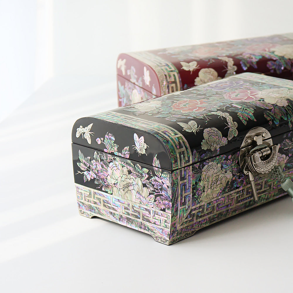 Najeonchilgi Painted Peony of Wealth Rounded Mother of Pearl Jewelry Box, 24 cm