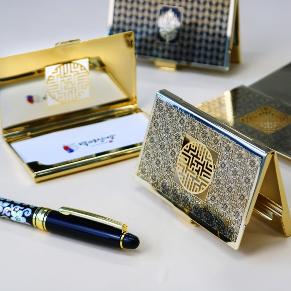 2-Piece Set: Metal Glossy Silver Business Card Case Mother of Pearl Pen Set (Flower & Crane)