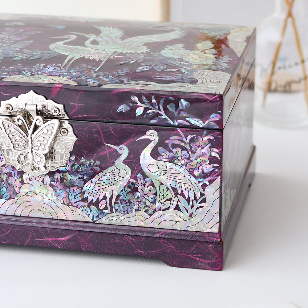 Najeonchilgi Hanji Flower Pine & Crane 2-Tier Mother of Pearl Jewelry Box, 21 cm