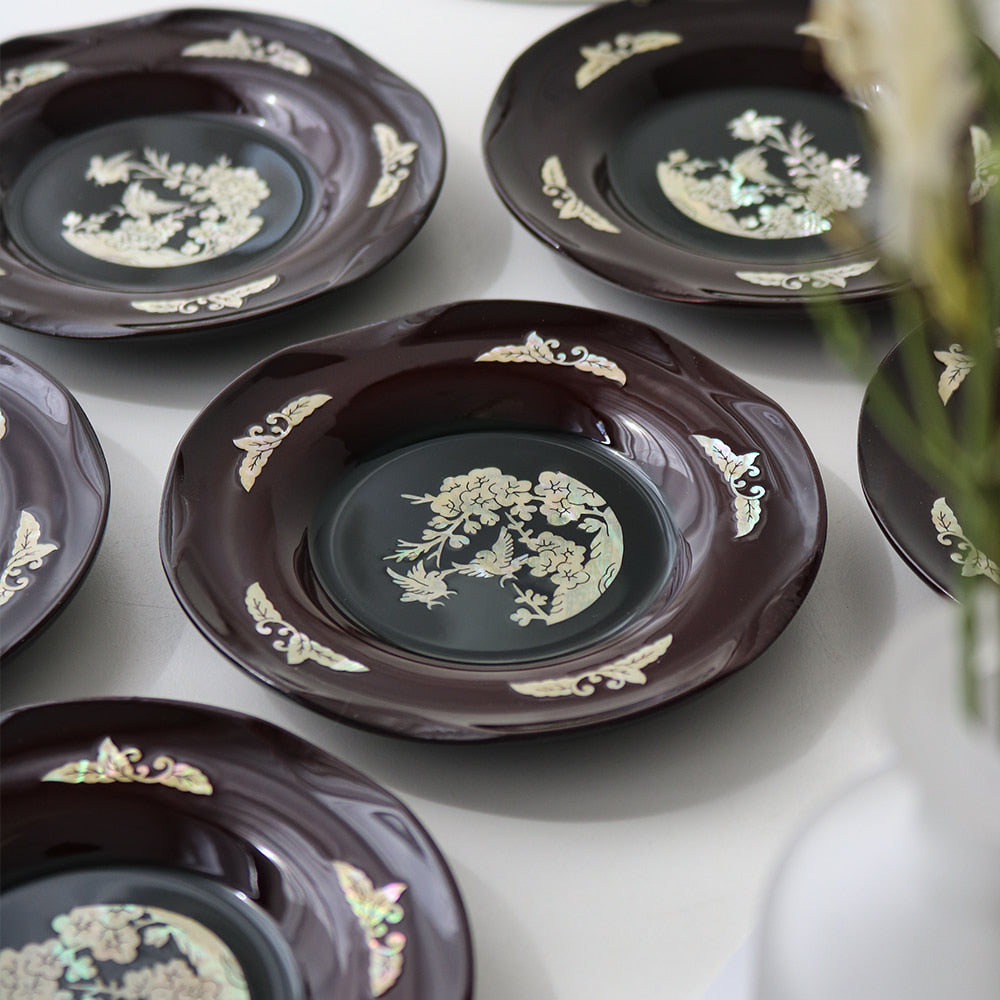 6-Piece Set: Najeonchilgi Arabesque Four Gentlemen Tea Coaster Set (Plum Blossom) Mother of Pearl Coaster Traditional Coaster (Master Artisan Lee Won-geun)
