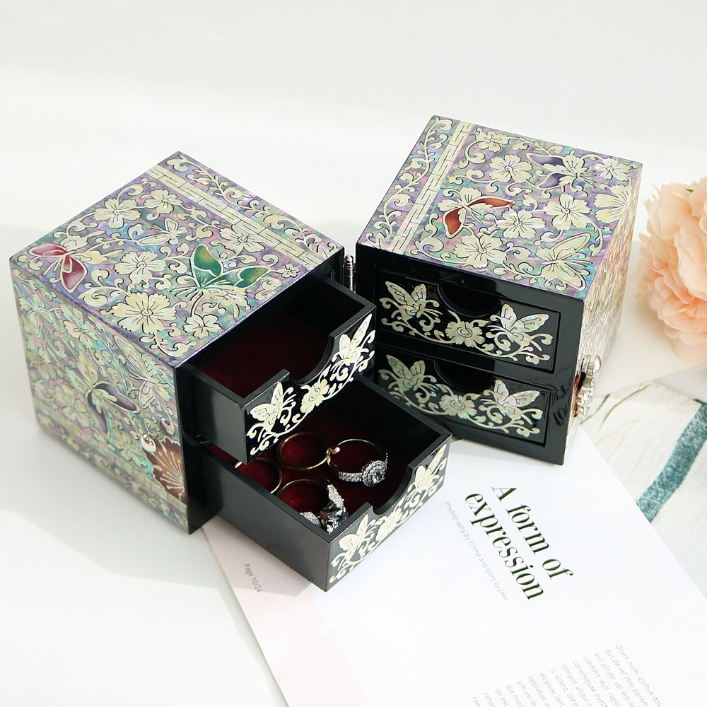 Najeonchilgi Painted Butterfly Double-Lidded Mother of Pearl Jewelry Box (Large)