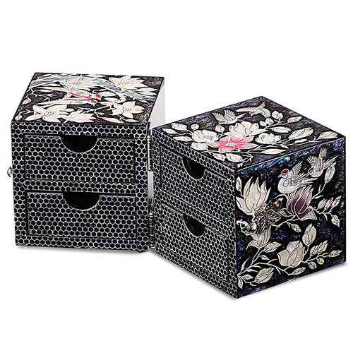 Flower & Bird Blue Mother of Pearl Double LiddedJewelry Box - by by Park In-ho