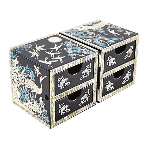 Crane & Pine Cloud Pattern Border Double Lidded Mother of Pearl Jewelry Box (Medium, Glossy, Oh Myung - Ho)