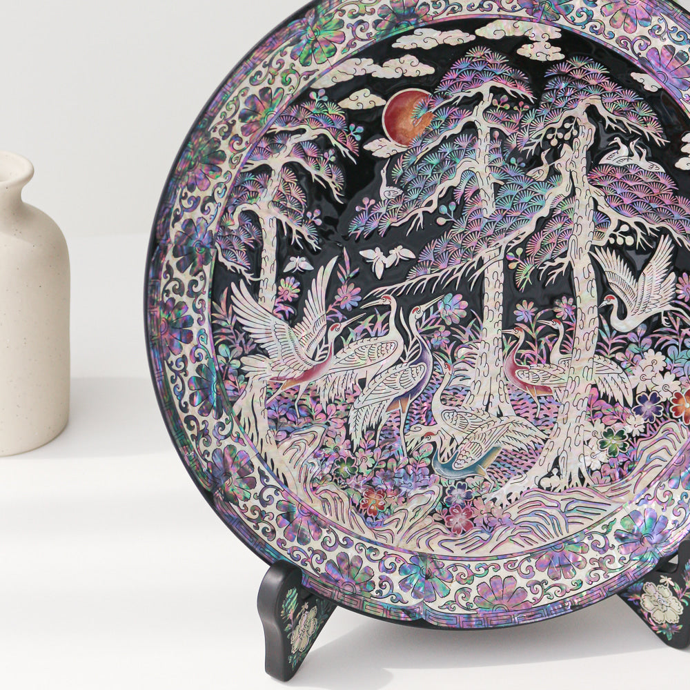 Najeonchilgi Pine & Crane Ornament Dragon Round Mother of Pearl Tray, 30 cm