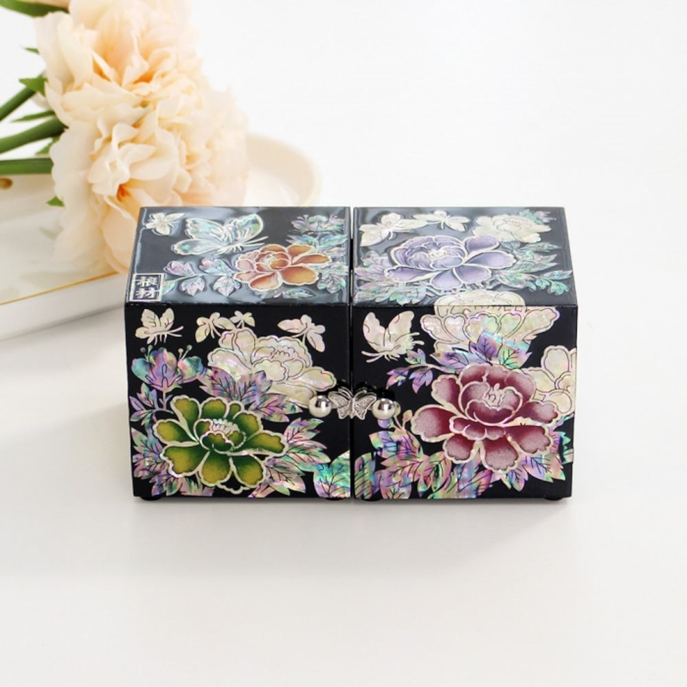 Masterpiece Najeonchilgi Mini Double-Lidded Small (Peony) Secret Mother of Pearl Jewelry Box (Master Artisan Kim Young-man)