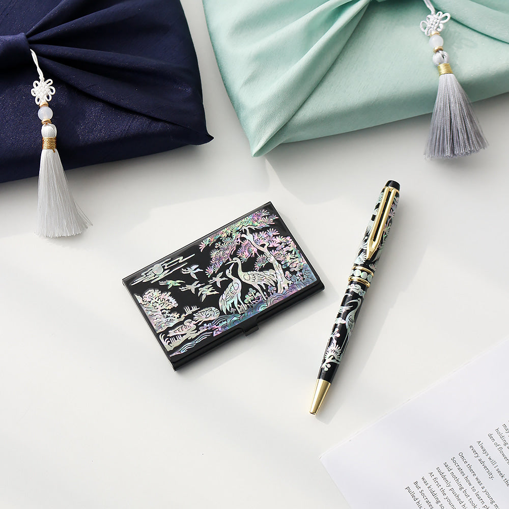 2-Piece Set: Carved Mother of Pearl Business Card Case Pine & Crane Mother of Pearl Pen Set