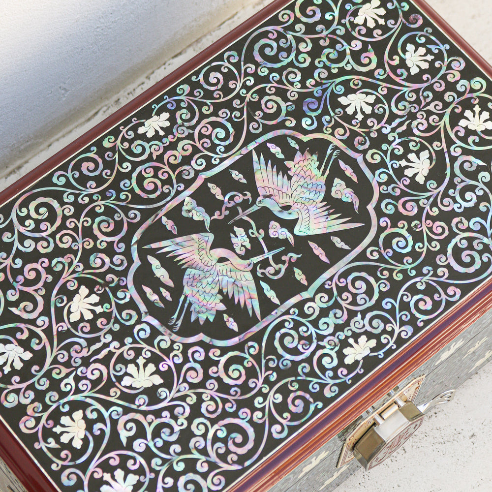 Najeonchilgi Crane Arabesque Subok Longevity & Fortune Ottchil Lacquer Mother of Pearl Jewelry Box, 40 cm