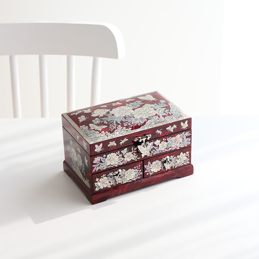 Najeonchilgi 1-Tier Hanji (Peony)2-Drawer Mother of Pearl Jewelry Box