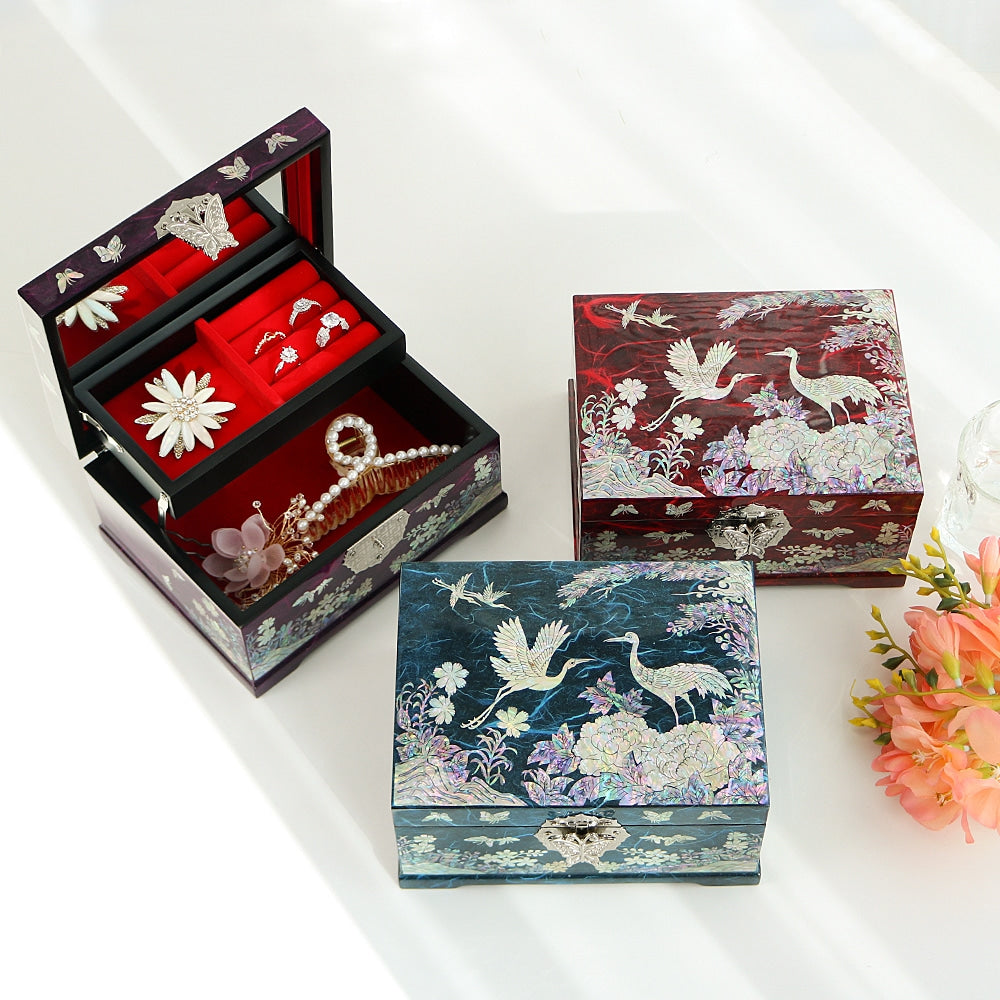 Najeonchilgi Peony Pine & Crane Hanji Mother of Pearl Jewelry Box, 18 cm