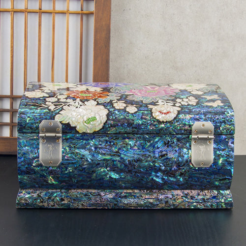 Peony Flower Blue Mother of Pearl Panel 2-Tier Jewelry Box (Large) - by Park In-ho