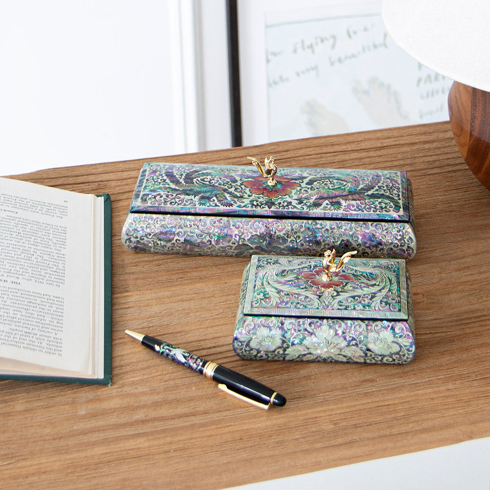 Phoenix Mother of Pearl Business Card & Pen Holder Set — by Master Artisan Kwak Jang-sun - OF0234