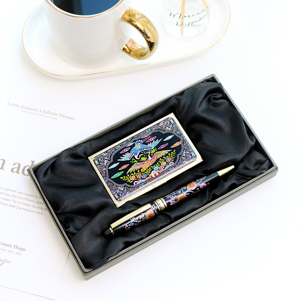 2-Piece Set: Gold Business Card Case K Painted Plum Blossom Mother of Pearl Pen Set (Full)