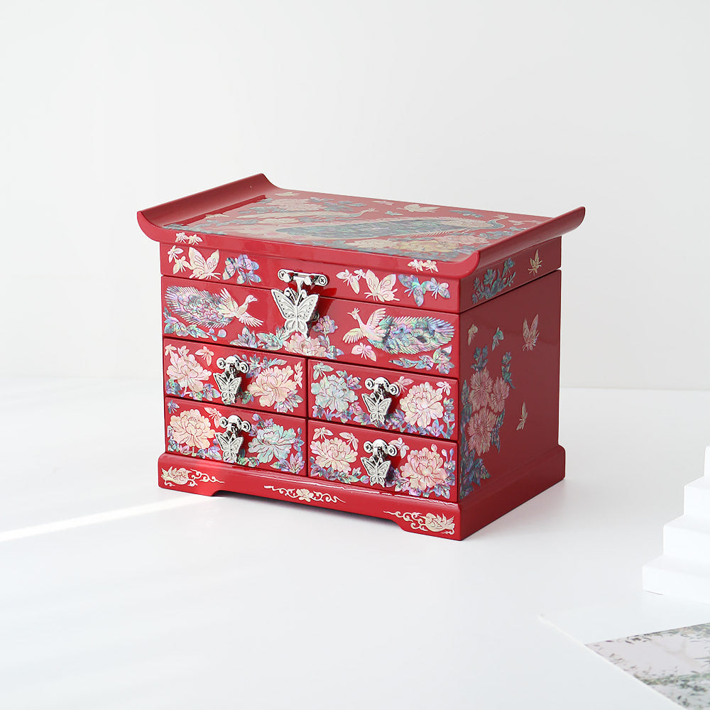 Najeonchilgi Peacock Flower 4-Tier Drawer Mother of Pearl Jewelry Box (Medium)