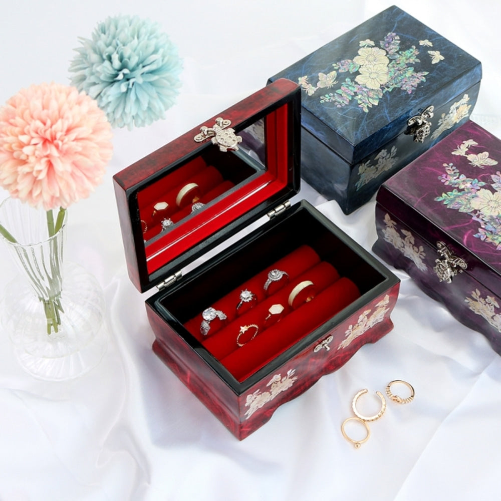 Hanji Rounded Plum & Butterfly Peony Flower Mother of Pearl Jewelry Box Keepsake Ring Box, 15 cm
