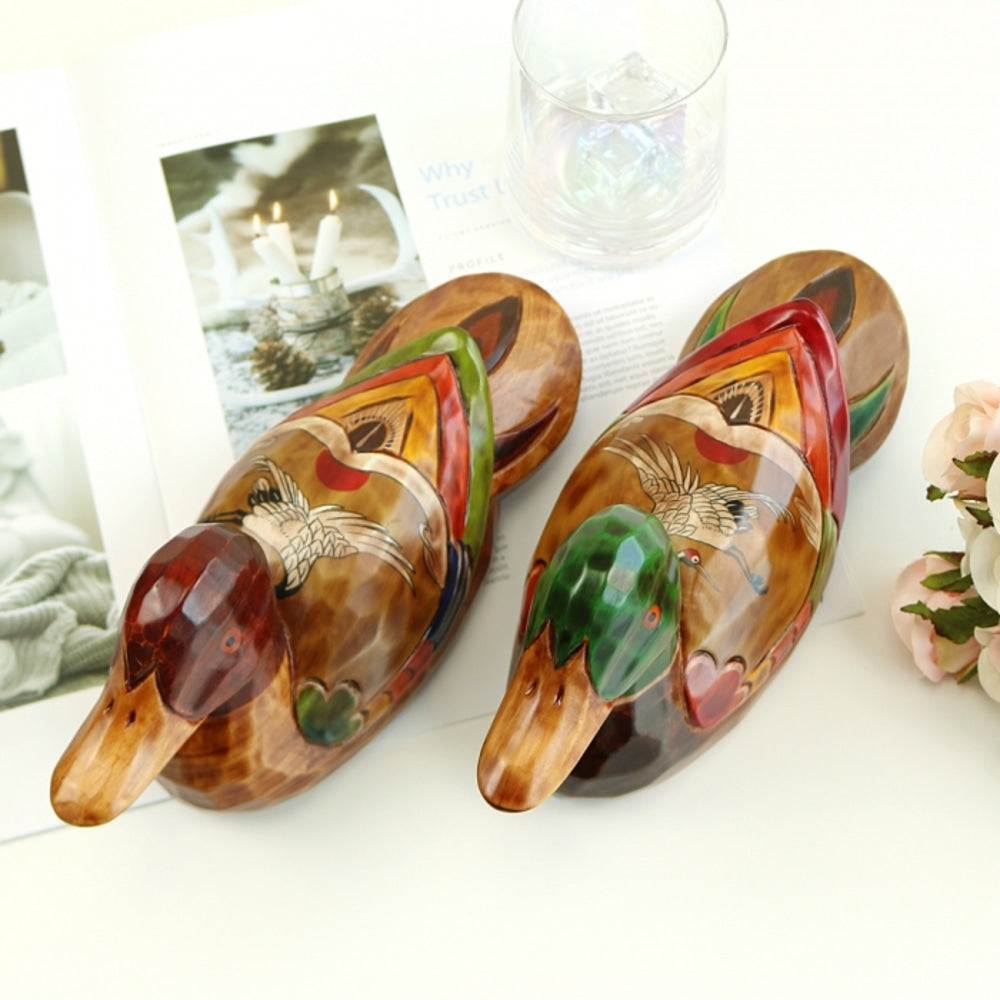 Traditional Wood Carved Mandarin Duck Set (Crane) Large Wood Carved Box Dragon