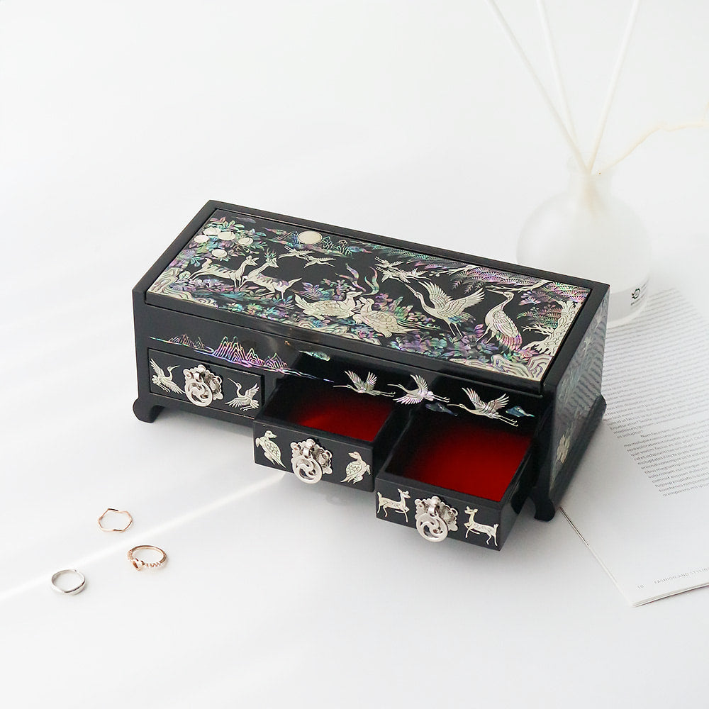 Najeonchilgi Ten Symbols of Longevity 3-Tier Drawer Mother of Pearl Jewelry Box, 23 cm