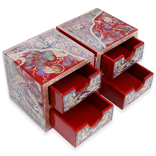 Round Crane & Pine Double Lidded Mother of Pearl Jewelry Box (Medium, Red) - Oh Myung - Ho