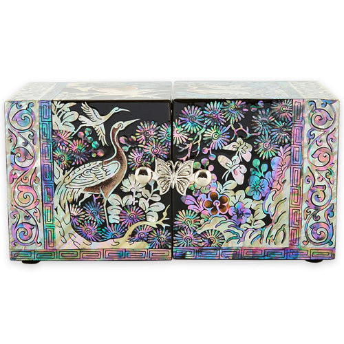 Square Crane & Pine Double Lidded Mother of Pearl Jewelry Box (소 - Red, Black)