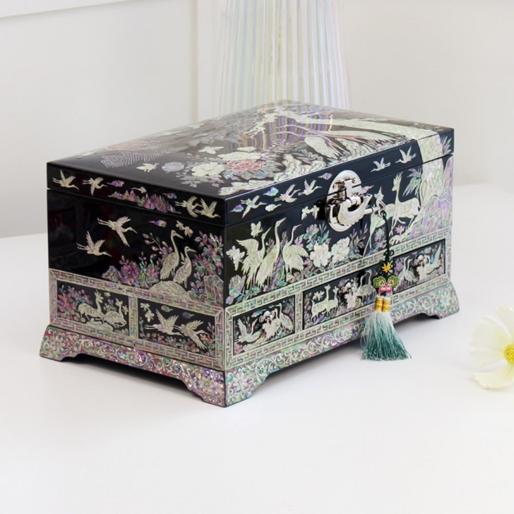 Premium Najeonchilgi Drawer Flower Pine & Crane Saju Jewelry Box Black Jewelry Box Yedan Wedding Gift Box, 32 cm