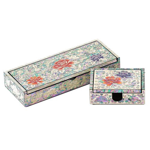 Auto-Slide Square Business Card & Pen Holder Set — Butterfly and Peony Patterns - OF0238