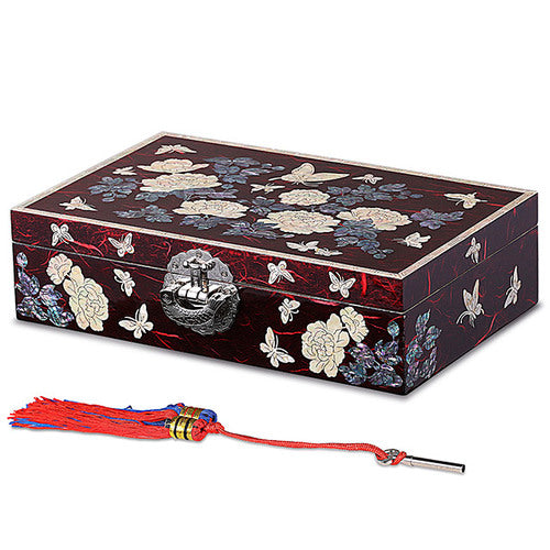 Peony Border Red 1-Tier Mother of Pearl Jewelry Box - Oh Myung - Ho