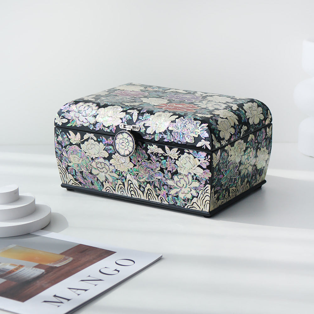 Najeonchilgi Peony Rounded Mother of Pearl Jewelry Box, 24 cm