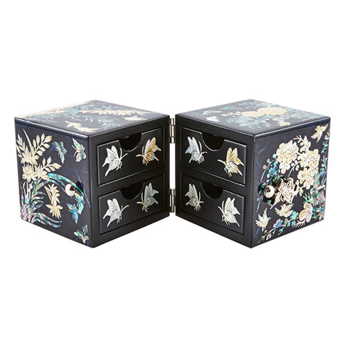 Four Gracious Plants Hanji Double Lidded Mother of Pearl Jewelry Box (Small, Glossy, Blue)