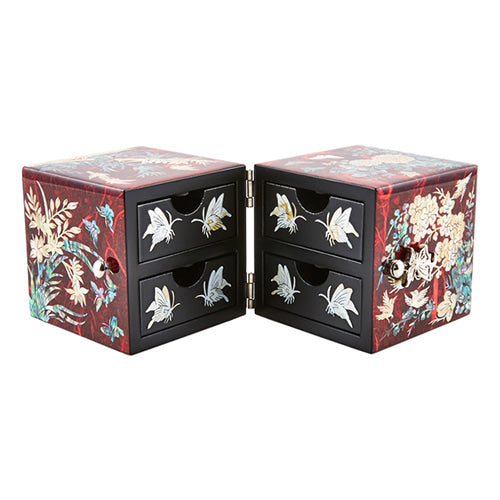 Four Gracious Plants Hanji Double Lidded Mother of Pearl Jewelry Box (Medium, Glossy, Red)
