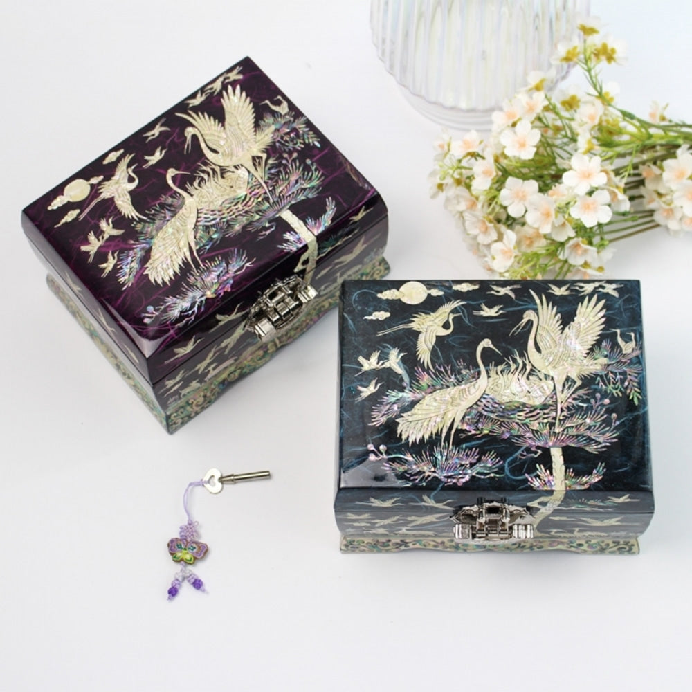 Najeonchilgi Hanji Rounded Pine & Crane Mother of Pearl Jewelry Box, 18 cm