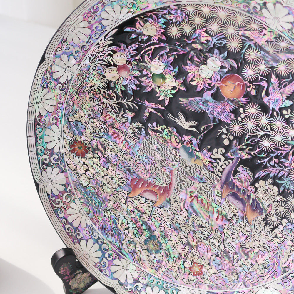 Najeonchilgi Ten Symbols of Longevity Ornament Dragon Round Mother of Pearl Tray, 30 cm