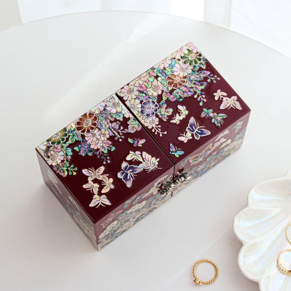 Premium Najeonchilgi Mini Double-Lidded Small (Butterfly Chrysanthemum) Secret Mother of Pearl Jewelry Box