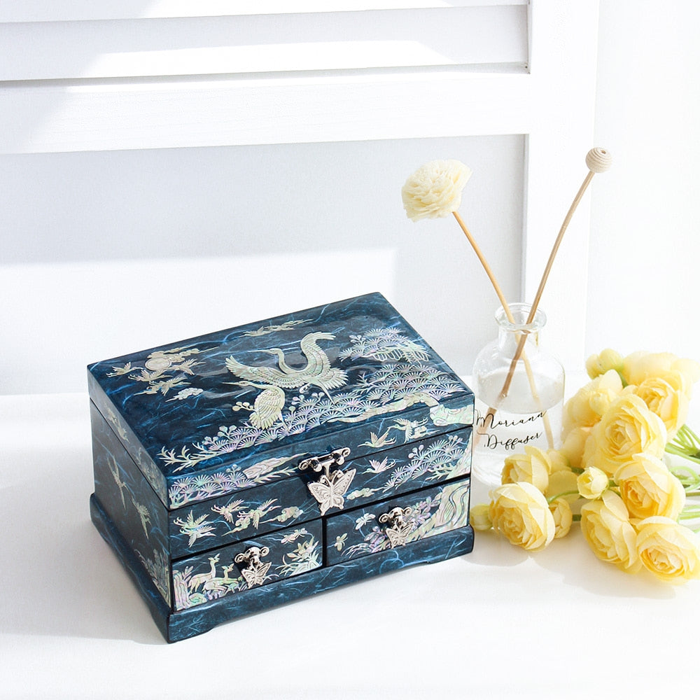 Najeonchilgi 1-Tier Hanji Pine & Crane 2-Drawer Mother of Pearl Jewelry Box