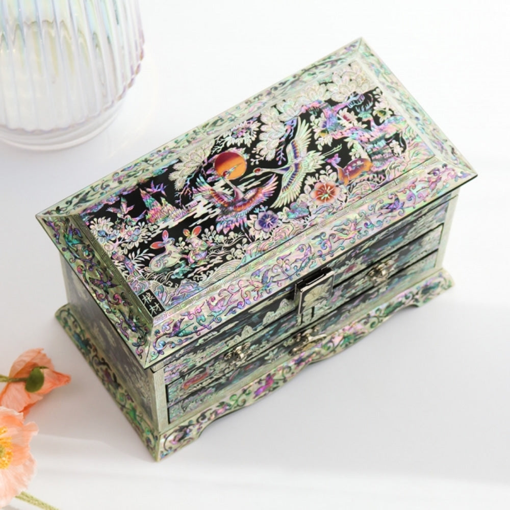 Najeonchilgi Pine & Crane Roof-Tile 3-Drawer Mother of Pearl Jewelry Box (Master Artisan Kim Young-man)