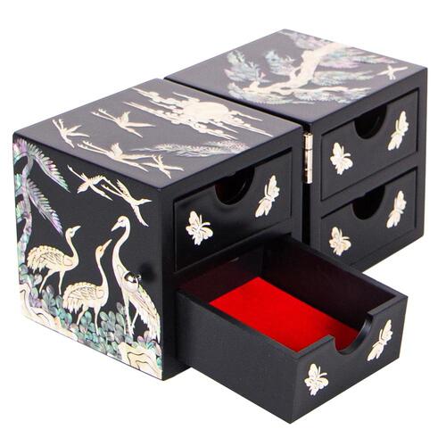 Najeonchilgi Lacquerware SecretJewelry Box Crane & Pine Motif Double Lidded Mother of Pearl Jewelry Box