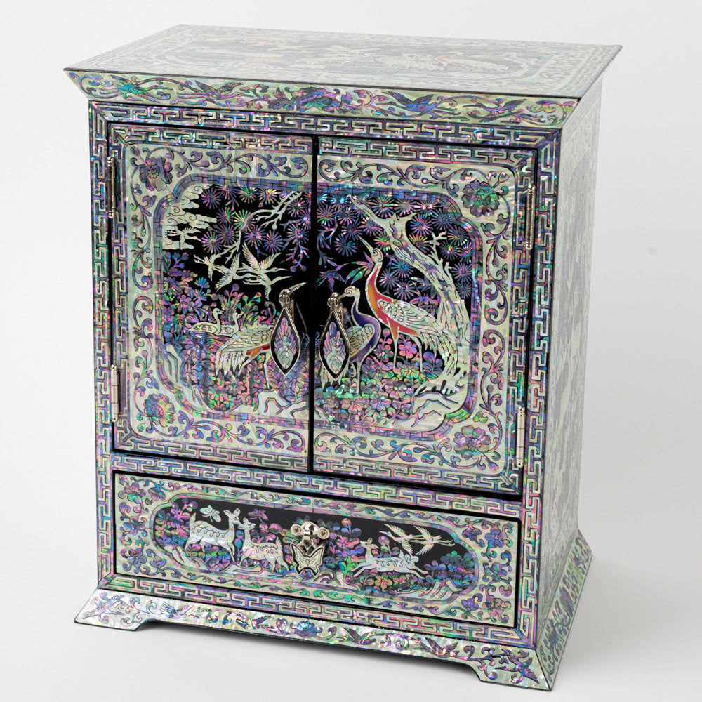 Najeonchilgi Lacquerware Crane & Pine Ten Symbols of Longevity Double Door Drawer Mother of Pearl Jewelry Box Large