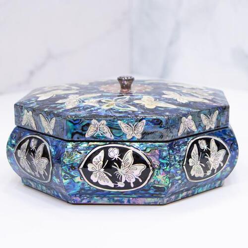 Blue Mother of Pearl Panel Butterfly Octagonal 다용도 Knob Jewelry Box